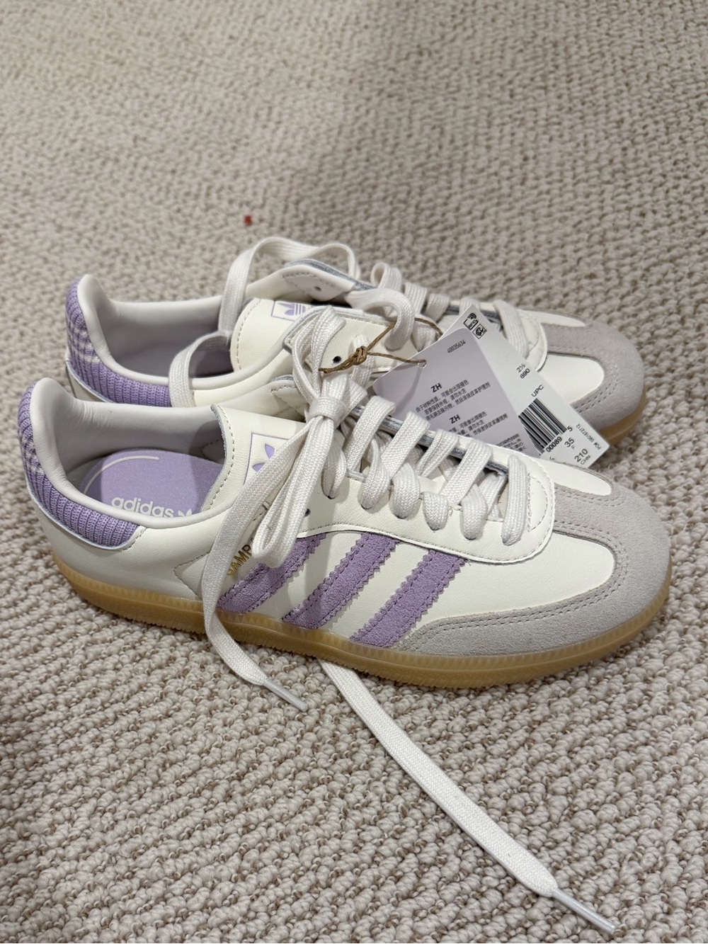 ADIDAS Originals Kids Samba Sneakers … size 3… white leather ..lavender trim